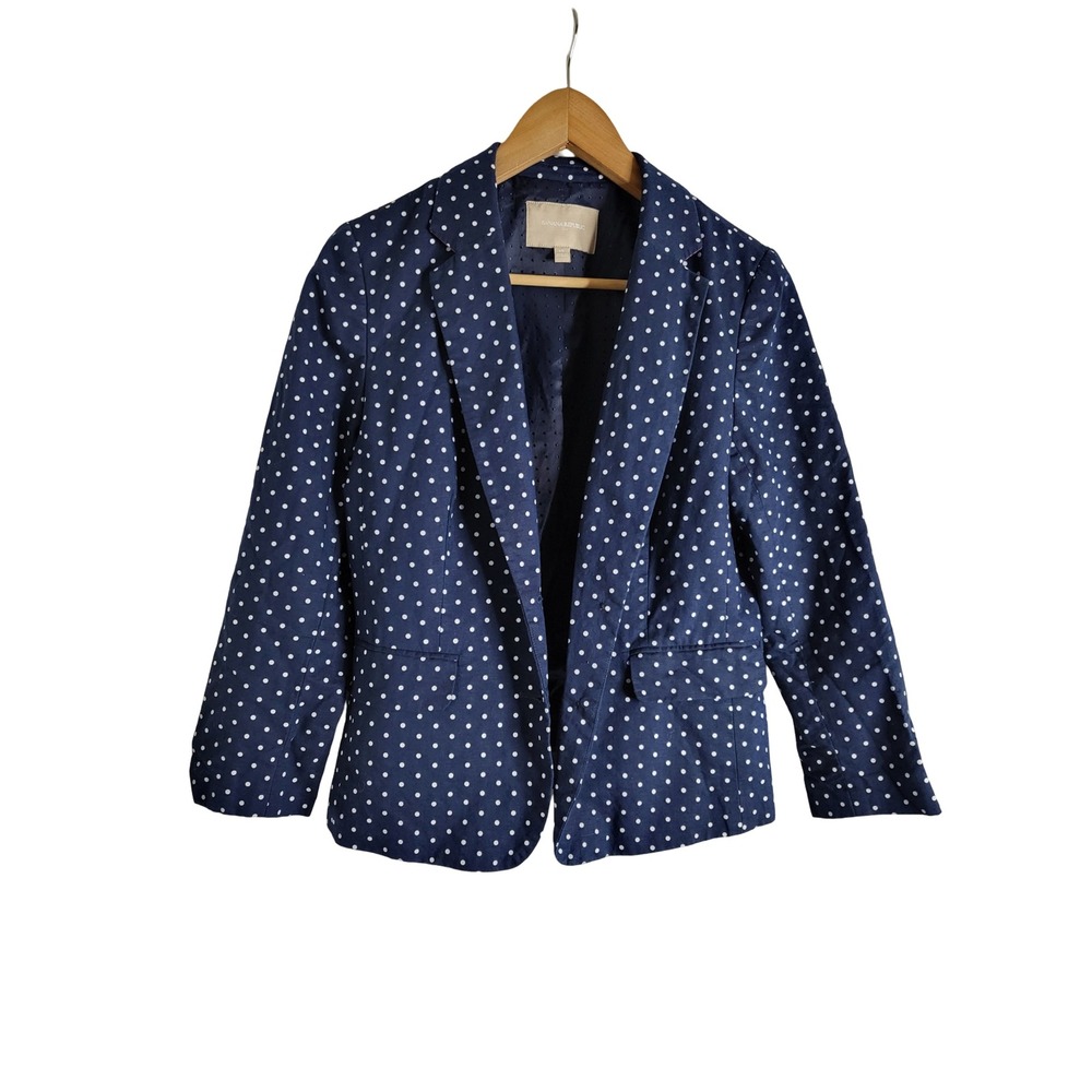Banana Republic Polka Dot Blazer Navy Linen Cotton Blend Jacket 10 Chic Preppy